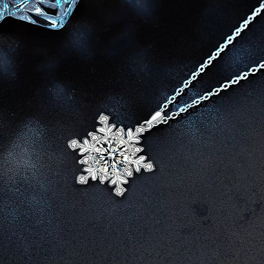 Silver snowflake pendant necklace on a dark background